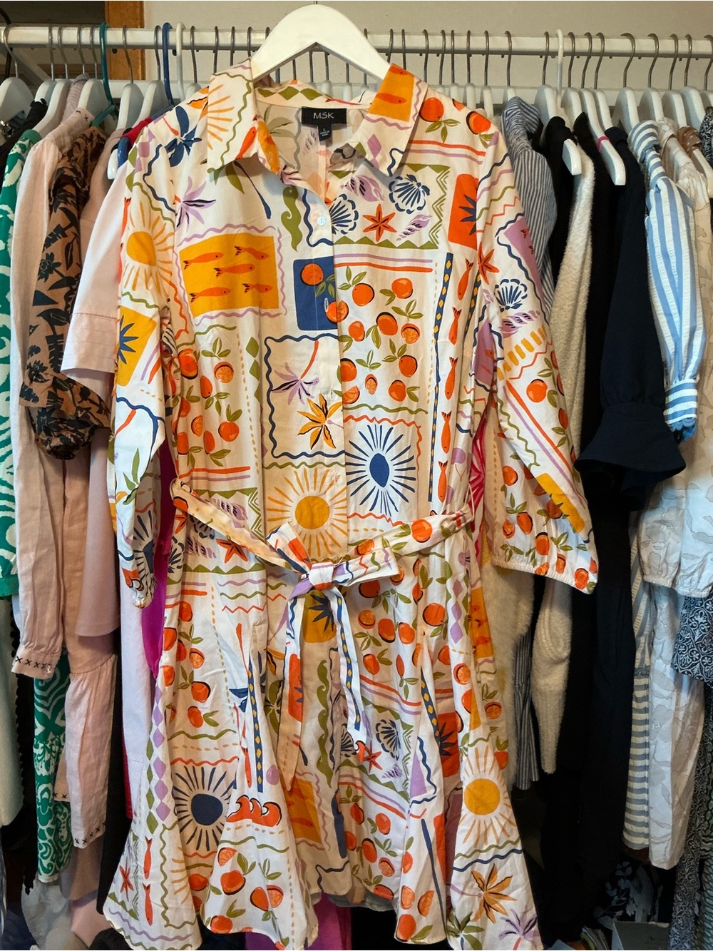 MSK White Multi-Color Printed Midi Shirt Dress with Tie Belt size large